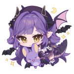  1girl animal baku_(sakihane_huya) bat_(animal) beret black_gloves black_jacket black_shoes blush_stickers brown_eyes chibi chobi_(penguin_paradise) closed_mouth commentary dragon_girl dragon_tail dragon_wings dress full_body gloves hat highres jacket long_hair pink_wings pointy_ears purple_hair purple_hat sakihane_huya shoes simple_background socks solo sparkle stellive tail very_long_hair virtual_youtuber white_background white_dress white_socks wings 