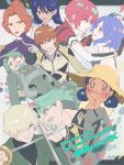  5boys 5girls ahoge amate_yuzuriha aopix_001 artist_name beard black_hair black_shirt blonde_hair blue_eyes blue_hair blush brown_hair challia_bull char_aznable collared_shirt commentary copyright_name dark-skinned_female dark_skin facial_hair flower gloves green_eyes green_hair gundam gundam_gquuuuuux hair_over_one_eye hat highres holding holding_sword holding_weapon jacket kycilia_zabi lalah_sune long_hair long_sleeves looking_at_another looking_at_viewer mecha_pilot_suit military_uniform multiple_boys multiple_girls mustache necktie nyaan_(gundam_gquuuuuux) open_mouth pink_hair purple_hair red_eyes red_hair shirouzu_(gundam) shirt short_hair shuji_ito smile straw_hat sword twitter_username weapon xavier_olivette 