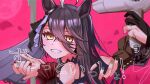 2girls agnes_tachyon_(umamusume) ahoge black_bridal_gauntlets black_choker black_hair black_ribbon blush bridal_gauntlets cable choker commentary_request ear_ribbon frilled_cuffs frilled_ribbon frills grey_nails hair_dryer hand_in_another's_hair holding holding_hair_dryer jewelry lace-trimmed_choker lace_trim long_hair long_sleeves looking_at_viewer manhattan_cafe_(umamusume) multicolored_hair multiple_girls nail_polish own_hands_together parted_lips pink_background red_nails ribbon ring smile solo_focus umamusume user_nhsf5543 variant_set very_long_hair white_hair white_ribbon wrist_cuffs yellow_eyes zuutto_issho_(kitani_tatsuya) 