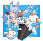 1girl animal_ear_fluff animal_ears ankle_garter arms_up backless_dress backless_outfit bent_over black_gloves black_leotard black_pantyhose blue_background blue_hair blush border bow braid breasts carrot carrot_hair_ornament carrot_in_pocket cleavage coat_dress colored_shadow colored_shoe_soles commentary creature detached_sleeves don-chan_(usada_pekora) dot_nose dress drop_shadow dynamic_pose floating_hair food-themed_hair_ornament frilled_thigh_strap full_body fur-trimmed_dress fur-trimmed_gloves fur_scarf fur_trim gloves hair_between_eyes hair_bow hair_ornament highres hikimayu holding holding_carrot hololive legs_folded leotard leotard_under_clothes long_hair looking_at_another looking_to_the_side loose_hair_strand mary_janes multicolored_hair one_eye_closed open_mouth orange_eyes outside_border pantyhose pekomon_(usada_pekora) playboy_bunny pom_pom_(clothes) puffy_short_sleeves puffy_sleeves rabbit rabbit_ears rabbit_girl rabbit_tail shadow shoes short_eyebrows short_sleeves sidelocks small_breasts smile strapless strapless_leotard swept_bangs tail teeth thick_eyebrows thigh_strap twin_braids two-tone_hair untranslatable_commentary upper_teeth_only usada_pekora usada_pekora_(1st_costume) virtual_youtuber white_border white_bow white_dress white_hair white_shoes white_sleeves yoganeko 
