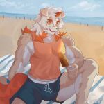  1boy animal_ears arknights armband bara beach beach_mat black_shorts blue_armband blue_sky bulge chinese_commentary cloud colored_tips commentary_request dog_ears dog_tail fangs food furry furry_male holding holding_food holding_popsicle horns hung_(arknights) komainu_boy looking_at_viewer male_focus multicolored_hair ocean open_mouth orange_shirt orange_tank_top pectorals popsicle sand shirt shore shorts single_horn sitting sky sleeveless sleeveless_shirt tail tan_su_ju_jiao tank_top weibo_username 