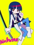  1girl ascot belt black_hair blue_hair blue_shorts blue_thighhighs blunt_bangs boots bright_pupils character_name closed_mouth coat collared_coat commentary_request cross-laced_clothes drop_shadow expressionless full_body gintama hand_up highres hime_cut holding holding_sword holding_weapon imai_nobume invisible_chair katana long_hair long_sleeves looking_at_viewer nobuyo_1002 parody red_eyes sheath sheathed shorts simple_background sitting solo style_parody sword thighhighs trench_coat twitter_username v w weapon white_ascot white_coat white_pupils yellow_background 