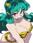  1girl animal_print aqua_hair bikini breasts cleavage collarbone commentary cone_horns english_commentary fang fur_bikini highres horns large_breasts long_hair looking_at_viewer lum open_mouth pointy_ears red_eyes simple_background smile solo swimsuit tiger_print tiger_print_bikini urusei_yatsura white_background win_pando yellow_bikini yellow_horns 