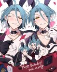  2boys animal_ears bag birthday black_gloves black_jacket black_pants blue_hair blush box brothers champagne_flute confetti cup dated detached_collar drinking_glass earclip earrings ensemble_stars! fake_animal_ears fake_tail gift gift_bag gloves grin hair_between_eyes half-siblings half_gloves happy_birthday head_on_hand head_on_hands head_rest highres himeru_(ensemble_stars!) holding holding_cup jacket jewelry kyouun_scramble_(ensemble_stars!) licking_lips long_hair_between_eyes looking_at_viewer lying male_focus multiple_boys multiple_views on_stomach one_eye_closed open_clothes open_jacket pants pectoral_cleavage pectorals rabbit_ears shirt short_hair siblings smile suq2sw tail tojo_kaname tongue tongue_out white_gloves white_jacket white_pants white_shirt yellow_eyes 