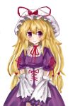  1girl blonde_hair blush charlielee86545 choker closed_mouth commentary corset detached_sleeves dress hair_between_eyes hat hat_ribbon highres long_hair looking_at_viewer mob_cap puffy_short_sleeves puffy_sleeves purple_dress purple_eyes red_ribbon ribbon ribbon_choker short_sleeves simple_background smile solo touhou very_long_hair white_background white_corset white_hat yakumo_yukari 