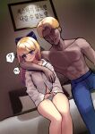  1boy 1girl ? bed black_skin blonde_hair bow colored_skin commission denim dress_shirt faceless faceless_male gyaruo hair_bow highres jeans kkkk_(laa2973) korean_text long_hair maplestory naked_shirt navel no_bra original panties pants shirt speech_bubble striped_bow striped_clothes striped_panties underwear very_long_hair yajwa 