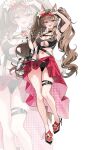  1girl absurdres angelina_(arknights) animal_ear_fluff animal_ears arknights arknights:_endfield belt bikini black_bikini bracelet breasts brown_hair cleavage commentary eyewear_on_head flower fox_ears fox_girl gakincho02 gilberta_(arknights) hair_flower hair_ornament heart heart-shaped_eyewear high_heel_sandals high_heels highres jewelry long_hair looking_at_viewer medium_breasts navel open_mouth red_eyes red_sarong sandals sarong smile solo stomach swimsuit thigh_belt thigh_strap twintails untranslatable_commentary watch wristwatch zoom_layer 