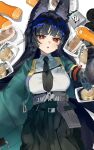 1girl animal_ear_fluff animal_ears aqua_jacket arm_out_of_sleeve black_hair black_necktie black_skirt breasts drink food fox_ears fox_girl gauntlets high-waist_skirt highres holding hoshimi_miyabi htbjca3l jacket long_hair looking_at_viewer lying necktie on_back red_eyes shirt single_gauntlet skirt solo white_shirt zenless_zone_zero 