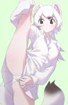  1girl animal_ears black_eyes blush cardigan commentary_request extra_ears green_background highres kemono_friends long_hair looking_at_viewer lowlandgorilla necktie panties shirt simple_background skirt solo stoat_(kemono_friends) stoat_girl tail underwear weasel_ears weasel_tail white_hair 