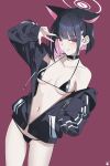  1girl absurdres animal_ears bare_shoulders bikini black_bikini black_choker black_hair black_hoodie blue_archive breasts candy_man cat_choker cat_ears cat_girl choker collarbone colored_inner_animal_ears colored_inner_hair commentary extra_ears halo hand_in_pocket highres hood hoodie kazusa_(blue_archive) licking_lips looking_at_viewer multicolored_hair off_shoulder pink_hair pink_halo red_background red_eyes smile solo string_bikini swimsuit tongue tongue_out triangle_bikini_top two-tone_hair v v_over_eye 