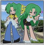  2girls absurdres black_skirt blue_eyes character_name commentary copyright_name denim english_commentary green_hair gun hair_ribbon heart hedprotag highres higurashi_no_naku_koro_ni jeans long_hair multiple_girls one_eye_closed pants panty_&amp;_stocking_with_garterbelt_(style) ribbon shirt siblings sisters skirt sleeveless sleeveless_sweater sonozaki_mion sonozaki_shion sweater twins weapon white_sweater yellow_shirt 