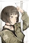  1girl absurdres black_choker black_shirt blood bob_cut brown_hair child choker cigarette closed_mouth commentary from_side grey_hair hand_up highres hiranko holding holding_cigarette jacket jewelry leon_the_professional long_sleeves mathilda_lando necklace nosebleed pendant_choker shirt short_hair smoke solo tears upper_body yellow_eyes 