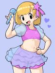  1girl blush_stickers breasts brown_hair commentary_request hair_ornament hand_on_own_hip heart highres idol idol_rena looking_at_viewer microphone midriff navel open_mouth pink_shirt pink_shorts rhythm_tengoku rhythm_tengoku_miracle_stars see-through_clothes see-through_skirt see-through_sleeves shirt shorts skirt small_breasts smile solo star_(symbol) star_hair_ornament zerimaru1216 