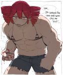  1girl abs bikini bikini_top_only blood blood_on_hand broad_shoulders clenched_hand commentary cowboy_shot drill_hair english_text grey_shorts highres kasane_teto looking_at_viewer more_muscular_than_canon muscular muscular_female ohasi open_mouth red_bikini red_eyes red_hair short_hair shorts simple_background solo striped_bikini striped_clothes swimsuit twin_drills untranslatable_commentary utau v-shaped_eyebrows white_background white_bikini 