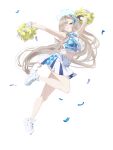  1girl armpits artist_request asuna_(blue_archive) bare_shoulders blonde_hair blue_archive blue_eyes blue_halo blue_shirt blue_skirt blush breasts choker cleavage commentary_request grin hair_over_one_eye hair_ribbon halo highres holding holding_pom_poms korean_commentary large_breasts leg_up long_hair looking_at_viewer midriff millennium_cheerleader_outfit_(blue_archive) multicolored_shirt multicolored_skirt navel one_eye_closed one_side_up pleated_skirt pom_pom_(cheerleading) ribbon shirt shoes skirt smile solo thighs very_long_hair white_shirt white_shoes white_skirt 