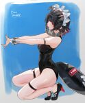  1girl absurdres alternate_costume bare_shoulders black_hair black_one-piece_swimsuit black_shoes blue_background border breasts closed_mouth colored_inner_hair commentary_request dated ellen_joe fingernails fins fish_tail frilled_hairband frills from_side hair_ornament hairband high_heels highres large_breasts legs long_fingernails looking_at_viewer multicolored_hair multicolored_shoes nail_polish one-piece_swimsuit qkun red_eyes red_hair red_lips red_nails red_shoes shark_tail shoes short_hair simple_background solo squatting swimsuit tail thigh_strap thighs tiptoes two-tone_hair two-tone_shoes white_background white_border x_hair_ornament zenless_zone_zero 