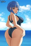  1girl alternate_costume artist_name ass backless_swimsuit bare_arms bare_back bikini blue_hair blue_one-piece_swimsuit braid breasts cloud commentary commission corrupted_twitter_file crown_braid english_commentary fire_emblem fire_emblem:_three_houses from_behind hammerofsolace highres large_breasts looking_at_viewer looking_back marianne_von_edmund nervous_smile ocean one-piece_swimsuit outdoors second-party_source short_hair smile solo swimsuit thick_thighs thighs 