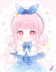  1girl ahhhhhhhluu arch bare_shoulders beret blue_bow blue_bowtie blue_choker blue_dress blue_sleeves blue_wrist_cuffs blunt_bangs border bow bow_choker bowtie brown_eyes bubble bubble_print bubbly_voyage_(infinity_nikki) chinese_commentary choker collared_dress commentary_request cowboy_shot curious detached_sleeves dress eyelashes eyes_visible_through_hair frilled_choker frilled_sleeves frilled_wrist_cuffs frills hair_ornament hair_rings hairclip hand_up hat hat_bow hat_ornament heart highres infinity_nikki light_blush light_particles looking_at_object nikki_(nikki) nikki_(series) notice_lines open_mouth pink_border print_dress rabbit_hair_ornament short_sleeves sidelocks solo sparkle standing star_(symbol) star_hat_ornament star_print star_symbol_background strapless strapless_dress striped_clothes striped_dress teeth upper_teeth_only vertical-striped_clothes vertical-striped_dress wavy_hair white_background white_hat wrist_cuffs 