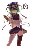  1girl ? asymmetrical_hair asymmetrical_legwear black_skirt black_thighhighs blue_hat blue_vest closed_mouth crossed_arms epaulettes frilled_hat frills green_eyes green_hair hat highres long_sleeves looking_at_viewer mismatched_legwear pleated_skirt ribbon-trimmed_skirt ribbon-trimmed_thighhighs ribbon_trim rod_of_remorse shiki_eiki shirt simple_background skirt sleeve_bow solo spoken_question_mark thighhighs touhou vest white_background white_shirt white_thighhighs wide_sleeves yorange17 