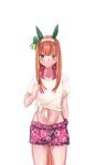  1girl absurdres animal_ears blunt_bangs blush breasts closed_mouth collarbone commentary_request ear_covers floral_print_shorts gaze_on_me!_outfit_(umamusume) green_eyes hair_ornament hairband highres hime_cut horse_ears horse_girl horse_tail long_hair looking_at_viewer male_swimwear midriff navel orange_hair orange_tail pink_shorts pink_sports_bra print_shorts scrunchie shinonome_halltro shirt shorts silence_suzuka_(umamusume) small_breasts solo sports_bra swim_trunks tail tied_shirt umamusume white_hairband white_shirt wrist_scrunchie wristband 