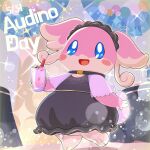 1girl absurdres audino audino_(elegant_soiree) black_dress black_hairband blush_stickers character_name commentary_request cup dress furry furry_female hairband highres holding holding_cup looking_ahead no_nose open_mouth pokemon pokemon_(creature) pokemon_cafe_remix runachikku slushie solo 