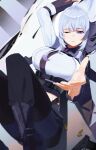  1girl absurdres ak-12_(girls'_frontline) black_boots black_pants boots breasts buckle chest_harness commentary dutch_angle girls'_frontline girls'_frontline_2:_exilium glock gun handgun harness highres jacket koleda_(girls'_frontline_2) large_breasts long_sleeves looking_at_viewer lying midriff on_back one_eye_closed pants parted_lips purple_eyes saiba_potato smile snap-fit_buckle solo weapon white_hair white_jacket 