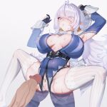  1boy 1girl absurdres blue_dress breasts commentary_request covered_nipples dress grey_hair hetero highres iblod imminent_penetration large_breasts long_hair looking_at_penis penis penis_awe pointy_ears purple_eyes shorts shorts_under_dress thighhighs thighs velina_airgid very_long_hair white_shorts white_thighhighs zenless_zone_zero 