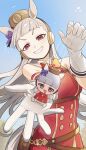 1girl absurdres animal_ears armband bare_shoulders blunt_bangs bow breasts brown_hat character_puppet chibigurumi commentary_request dress ear_bow gloves gold_ship_(red_strife)_(umamusume) gold_ship_(umamusume) grey_hair grin hand_puppet hat highres horse_ears horse_girl horse_tail junsanholo long_hair looking_at_viewer marionette medium_breasts open_mouth pillbox_hat puppet puppet_strings puppeteering purple_eyes red_bow red_dress sleeveless sleeveless_dress smile solo striped_armband striped_clothes tail teeth umamusume white_gloves 