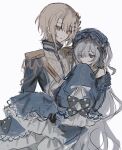  2girls aiguillette bare_shoulders black_coat black_gloves black_ribbon blonde_hair blue_dress blue_hairband bow carrying closed_mouth coat curtained_hair diamond_hair_ornament dress dress_bow epaulettes frilled_dress frilled_hairband frilled_sleeves frills gloves gothic_lolita hair_ornament hair_over_one_eye hair_ribbon hairband hasumi_leia high_collar inagoinaire jewelry lolita_fashion lolita_hairband long_hair long_sleeves mahou_shoujo_no_majo_saiban multiple_girls natsume_an-an necklace off-shoulder_dress off_shoulder polka_dot polka_dot_bow princess_carry purple_eyes ribbon sash short_hair shoulder_sash simple_background sleeve_bow sleeves_past_fingers sleeves_past_wrists white_background white_hair wide_sleeves yellow_eyes yuri 