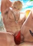  2boys abs anal arm_behind_back armpits bara beach beer_mug biting_own_lip blue_sky bulge cloud cross_scar cup english_commentary genshin_impact hammock highres holding holding_cup looking_at_viewer male_focus male_penetrated male_swimwear mug multiple_boys multiple_scars muscular muscular_male navel nipples ocean pectorals penis penis_peek pov red_male_swimwear sand scar scar_on_arm scar_on_cheek scar_on_chest scar_on_face scar_on_stomach shore sky sweat testicles topless_male uyouu19 varka_(genshin_impact) whistle whistle_around_neck yaoi 