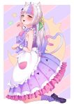  1girl absurdres ajishio_(loli_king) animal_ears apron arched_bangs black_shoes blush bow bowtie brown_eyes cat_ears cat_girl colorful_background commentary_request crescent cropped_torso diagonal-striped_background dress frilled_apron frilled_dress frills from_side gradient_hair grey_hair hair_ornament heart heart_tail highres hololive jumping long_hair looking_at_viewer loose_socks magical_girl maid maid_headdress mary_janes medium_dress multicolored_hair murasaki_shion murasaki_shion_(magical_girl_maid) official_alternate_costume official_alternate_hairstyle open_mouth paid_reward_available paw_pose pink_background pink_bow pink_bowtie pink_streaks purple_background purple_dress purple_hair purple_socks purple_streaks raised_eyebrows shoes short_eyebrows sidelocks single_loose_sock sleeveless sleeveless_dress socks solo star_(symbol) star_hair_ornament star_print_socks streaked_hair striped_background tail triangle_hair_ornament twintails two-tone_background virtual_youtuber waist_apron white_apron 