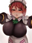  1girl azure_striker_gunvolt azure_striker_gunvolt_2 beruzumi-m blush breast_focus breasts commentary_request hanging_breasts highres large_breasts looking_at_viewer maid maid_headdress nowa_(gunvolt) pov red_eyes red_hair short_hair steam white_background 
