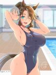  1girl animal_ears blue_eyes blue_one-piece_swimsuit breasts brown_hair commentary_request competition_swimsuit covered_navel drying drying_hair drying_own_hair ghost_rea hair_between_eyes highleg highleg_one-piece_swimsuit holding holding_towel horse_ears horse_girl horse_tail indoors large_breasts long_hair looking_at_viewer mejiro_palmer_(umamusume) multicolored_hair omega_symbol one-piece_swimsuit one_eye_closed ponytail pool smile solo standing streaked_hair swimsuit tail towel two-tone_swimsuit umamusume white_hair 