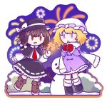 2girls :d :o adapted_costume black_hat black_shoes black_skirt blonde_hair boots bow brown_boots brown_eyes brown_hair chinese_commentary coat collared_shirt commentary deformed fireworks frilled_skirt frills gloves hair_bow hat hat_bow highres holding long_hair long_sleeves lysosomes_(lys9s9mes) maribel_hearn mob_cap multiple_girls necktie new_year open_mouth purple_coat purple_eyes red_gloves red_necktie ribbon-trimmed_skirt ribbon_trim scarf shirt shirt_tucked_in shoes skirt smile snowman socks sticker_(medium) touhou transparent_background usami_renko white_bow white_hat white_scarf white_shirt white_socks winter_clothes 
