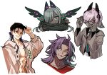  1girl 3boys 4boys abs absurdres baseball_cap bhima_(fate) blue_hair boy_vajra_(celebratory_attire)_(fate) boy_vajra_(fate) coat collared_shirt colored_skin commentary_request cu_chulainn_(caster)_(fate) cu_chulainn_(fate) cu_chulainn_(tropical_rune_summer)_(fate) dark-skinned_female dark-skinned_male dark_skin fate/grand_order fate_(series) girl_vajra_(fate) glasses green_eyes grey_hair grin hair_over_one_eye hat highres hood hood_down hooded_jacket horns jacket long_hair long_sleeves looking_at_viewer male_focus multiple_boys necktie one_eye_closed open_clothes open_mouth pectorals pink_eyes pink_hair ponytail purple_eyes purple_hair red_eyes scar shima222nd shirt short_hair simple_background smile toned toned_male unworn_eyewear upper_body white_background white_shirt wings 