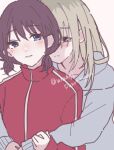 2girls blue_eyes blush closed_mouth commentary_request girls_band_cry grey_eyes grey_hair grey_hoodie highres hood hoodie hug hug_from_behind iseri_nina jacket kawaragi_momoka long_hair multicolored_hair multiple_girls pink_background red_hair red_jacket roots_(hair) short_twintails simple_background smile track_jacket twintails twitter_username whwhgl yuri 