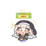  1girl :3 black_dress black_shoes blonde_hair blunt_bangs blunt_sidelocks bow bowtie chibi chibi_only commentary_request dress game_screenshot_inset highres long_hair long_sleeves multicolored_shoes nun_headdress open_mouth orange_bow orange_bowtie orange_skirt raised_eyebrows screenshot_inset shoes sidelocks simple_background skirt skull_ornament socks solo sparkle speaki_(trickcal) syurikenmaru trickcal two-tone_shoes very_long_hair white_background white_shoes white_socks yellow_eyes 