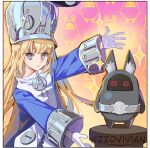  +_+ 1girl 1other bangboo_(zenless_zone_zero) blonde_hair blue_jacket blush closed_mouth commentary english_commentary gloves grey_hat grey_helmet hat helmet highres hoshimi_miyabi jacket large_hat long_hair looking_at_viewer miyaboo_(zenless_zone_zero) norma_hollowell purple_eyes shako_cap twitter_username upper_body white_gloves zenless_zone_zero zz0vivianart 