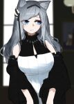  1girl above-cleavage_cutout absurdres animal_ears arknights arms_at_sides bare_shoulders black_hairband black_sleeves blue_eyes blue_hair blurry blurry_background breasts cat_ears cat_girl closed_mouth clothing_cutout commentary_request detached_sleeves dress golding_(arknights) hairband highres indoors long_hair looking_to_the_side nspecim sad sideways_glance solo turtleneck white_dress window 