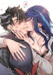  1boy 1girl bandaged_neck bandages black_bandages black_bra black_hair blue_hair blue_streaks bra breasts cleavage clorinde_(genshin_impact) closed_eyes earrings genshin_impact grey_hair hair_between_eyes hetero hickey highres jewelry kiss kissing_cheek large_breasts lipstick_mark lipstick_mark_on_face long_hair long_sleeves multicolored_hair necklace_between_breasts purple_eyes purple_hair purple_nails rchella ring scar scar_on_neck shirt short_hair speech_bubble streaked_hair sword_necklace thought_bubble underwear white_shirt wriothesley_(genshin_impact) 