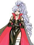  1girl babykatafan bare_shoulders black_cape black_choker black_dress black_gloves black_lips breasts cape choker cleavage commentary crossed_arms detached_sleeves dress drill_hair drill_ponytail english_commentary fire_emblem fire_emblem:_genealogy_of_the_holy_war gloves hair_between_eyes high_ponytail highres ishtar_(fire_emblem) jewelry lipstick long_dress long_hair looking_at_viewer makeup medium_breasts parted_bangs pendant_choker ponytail purple_eyes purple_hair sidelocks simple_background single_drill small_breasts solo thighs two-sided_cape two-sided_fabric upper_body very_long_hair white_background 