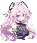  1girl armlet black_sleeves black_sweater blue_eyes blush breasts citlali_(genshin_impact) closed_mouth commentary_request cropped_torso crossed_arms detached_sleeves facial_mark genshin_impact gold_armlet hair_intakes highres jewelry long_hair medium_breasts pink_hair pink_pupils pout sidelocks simple_background sleeveless sleeveless_sweater solo sweater watari_0208 white_background 