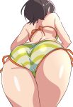  1girl absurdres ass bikini black_hair commentary_request from_behind from_below highres hololive irodori_drawpic oozora_subaru oozora_subaru_(hololive_summer_2019) short_hair side-tie_bikini_bottom simple_background solo striped_bikini striped_clothes swimsuit thighs virtual_youtuber white_background 