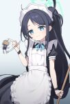  1girl absurdres apron aris_(blue_archive) aris_(maid)_(blue_archive) biluoyao black_dress black_hair blue_archive blue_bow blue_bowtie blue_eyes bow bowtie charm_(object) chinese_commentary collared_dress commentary_request cowboy_shot dot_nose dress gradient_background green_halo grey_background halo hand_up highres holding holding_charm holding_stick index_finger_raised kei_(orange_robot)_(blue_archive) long_hair long_sidelocks looking_at_viewer maid maid_apron maid_headdress official_alternate_costume official_alternate_hairstyle parted_bangs ponytail rectangular_halo short_sleeves sidelocks simple_background smile solo spinning split_mouth stick tareme very_long_hair white_apron white_background white_headdress wristband 