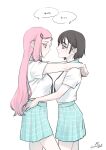  2girls alien_stage aqua_skirt arms_around_neck black_hair commentary hair_ornament hairclip highres karatachi_magaki long_hair mizi_(alien_stage) multiple_girls pink_hair plaid_clothes plaid_skirt purple_eyes school_uniform shirt short_hair signature skirt sua_(alien_stage) translation_request very_long_hair white_background white_shirt yellow_eyes yuri zombie_stage 