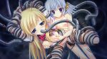  2girls arms_up black_boots blonde_hair blue_eyes blue_hair boots bound bound_arms bound_legs bow bowtie breasts breasts_out brown_vest censored closed_mouth floating grabbed_by_tentacles grabbing_another's_breast groping hair_ornament half-closed_eyes kimishima_ao long_hair m_legs mosaic_censoring multiple_girls nipples non-web_source novem_(shion_no_ketsuzoku) nude official_art penis_tentacle puffy_sleeves pussy_juice restrained shion_no_ketsuzoku shirt short_sleeves small_breasts sophia_(shion_no_ketsuzoku) spread_legs standing tentacle_girl tentacle_in_mouth tentacle_sex tentacles torn_clothes vaginal vest 
