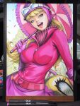  1girl 2025 art_tools_in_frame blonde_hair blue_eyes breasts commentary english_commentary goggles goggles_on_headwear helmet highres holding holding_umbrella large_breasts long_hair looking_at_viewer marker_(medium) open_mouth penelope_pitstop photo_(medium) pink_helmet pink_lips pink_shirt pink_skirt shirt signature skirt solo stanley_lau traditional_media umbrella upper_body wacky_races 
