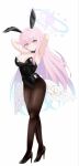  1girl :o absurdres alternate_costume animal_ears armpits arms_behind_head black_bow black_bowtie black_leotard black_pantyhose black_shoes blue_archive blue_hair bow bowtie breasts cleavage collar commentary_request detached_collar fake_animal_ears fake_tail full_body hair_between_eyes halo high_heels highres kurenaiaoi0 large_breasts leotard light_blush long_hair looking_at_viewer low_wings mika_(blue_archive) multicolored_hair pantyhose parted_lips pink_hair pink_halo playboy_bunny rabbit_ears rabbit_tail shoes simple_background solo standing strapless strapless_leotard tail thighband_pantyhose very_long_hair white_background white_collar white_wings wings yellow_eyes 