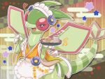  apron character-themed_food claws commentary_request cup egasumi fangs flygon flygon_(vintage_server) heart highres holding holding_tray japanese_clothes maid maid_headdress nostrils open_mouth pokemon pokemon_(creature) pokemon_cafe_remix red_eyes runachikku solo sparkle trapinch tray wa_maid white_apron yunomi 