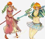  1girl arabian_clothes armlet bandaged_arm bandages bangle bracelet breasts brown_eyes cleavage clima-tact collarbone crop_top cropped_jacket feet_out_of_frame full_body gold_bangle harem_outfit highres holding holding_staff itstheenami jacket jewelry large_breasts log_pose long_skirt midriff miniskirt multiple_views nami_(one_piece) navel official_alternate_costume one_piece open_clothes open_jacket open_mouth orange_hair pleated_skirt sandals shirt short_hair simple_background skirt staff standing thighs tied_shirt torn_clothes torn_skirt twitter_username 
